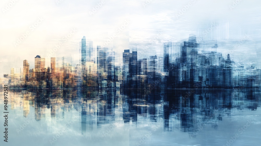 Graphic of a city skyline reflected in a body of water with the ...
