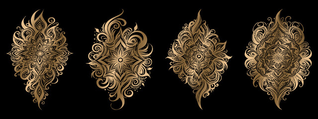 Gold pattern on a black background. For use on tattoos, posters, covers, textiles and T-shirt prints.