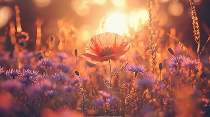 Wall Mural -   A field of vibrant purple and bright yellow blossoms bathed in sunlight filtering through the petals of the sunflower in the foreground