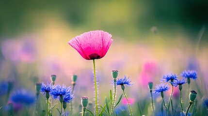 Poster -   A pink flower stands out in a sea of blue and pink blooms against a verdant backdrop