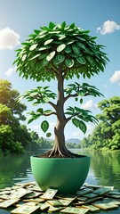 A money tree with dollar bill leaves grows on a bed of money in a river.