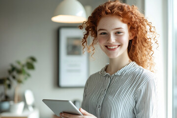 Wall Mural - Portrait of young happy success woman working in a busy modern workplace, Startup coworker concept