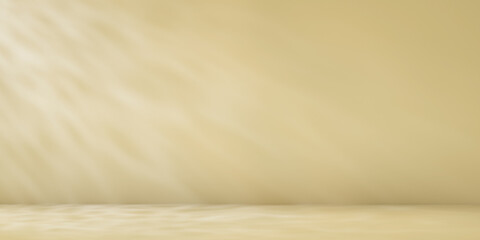 Poster - Beige minimalist studio for product presentation. Empty room with shadows of palm leaves. 3d room background with copy space. 3d render illustration