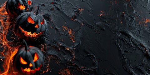 Wall Mural - Black jack-o'-lanterns with glowing orange faces sit on a textured, dark surface with streaks of fiery orange.