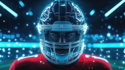 Football American Virtual. Man Wearing Helmet in Virtual Environment with Mixed Media