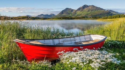 Canvas Print -   Red boat sits atop green field near water, mountains in backdrop