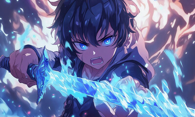 anime wizard boy hold a blue flame sword weapon