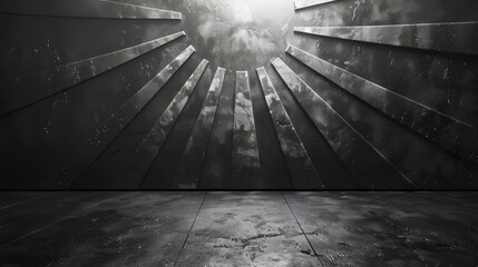 a black and white photo of a room with a large empty space and a lot of lines