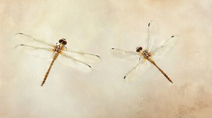 Sticker -   Two dragonflies perched atop each other against a light brown and beige backdrop with a muted backdrop