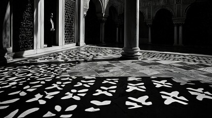 Sticker -   A monochrome photograph depicting a room featuring a checker-patterned floor and a towering clock in the backdrop