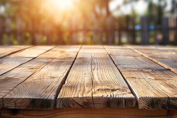 Wooden table with outdoor blurred background in sunlight.