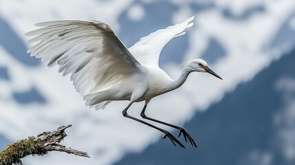 Canvas Print -   A majestic white bird perches on a tree limb against the backdrop of a towering mountain and billowing clouds