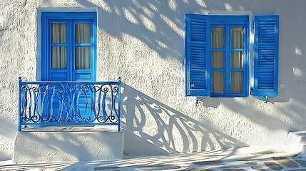 Wall Mural -   A white building with blue shutters and a bench in front of a blue-shuttered window with a potted plant