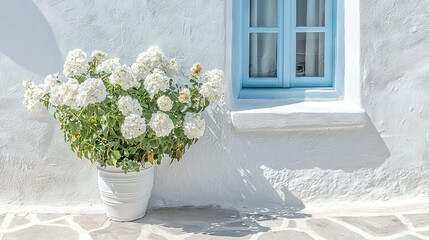   A white flower pot with white flowers in front of a white building with blue shutters and a blue window