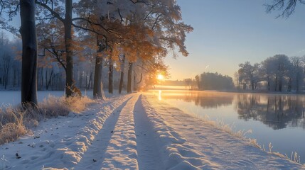 a snowy landscape with a road and trees