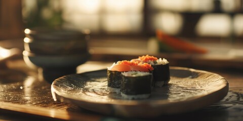 Wall Mural - Slender Nori Wrapped Hosomaki Plate Sushi Rice With Fresh Fish Avocado or Cucumber