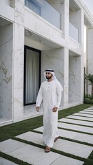 Modern Emirati Architecture: A man in traditional Emirati attire walks confidently towards a stunning modern villa, showcasing the blend of tradition and contemporary design in the UAE.  