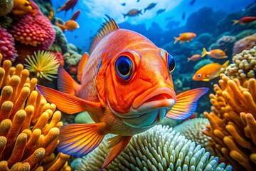 Poster - Vibrant orange and blue tropical fish swimming near coral reef, captured in extreme close-up using a fish-eye lens,