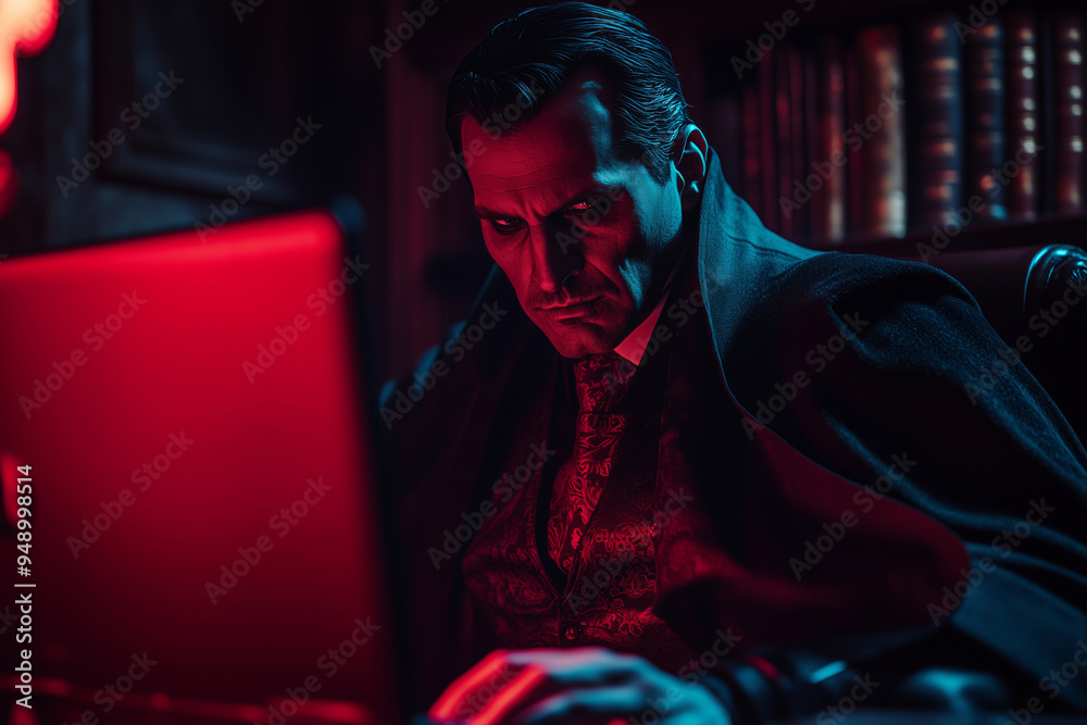 A modern vampire engrossed in coding late at night in a dimly lit ...