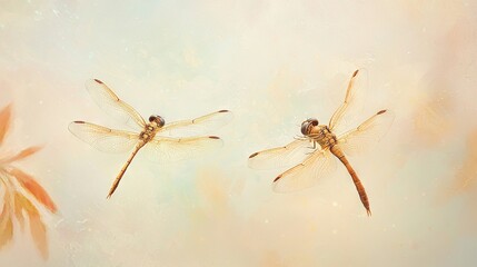 Wall Mural -   Two dragonflies flying in the sky with a flower in the foreground and a blue sky in the background