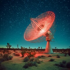 A detailed illustration of a parabolic antenna used for space exploration and the Search for Extraterrestrial Intelligence (SETI) against a starry cosmic background.