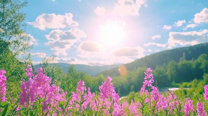 Poster -   A stunning view of a field brimming with vibrant purple blooms beneath a clear blue sky, with the golden sun filtering through fluffy clouds above towering mountain ranges