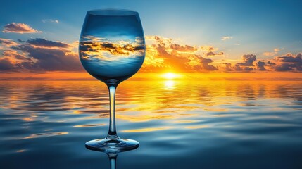 Sticker -   A glass of wine resting in a pond at dusk, with the sun setting in the background