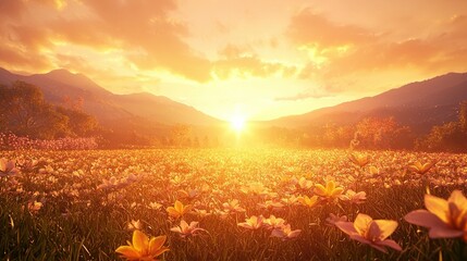 Poster -  A field brimming with flowers, bathed in warm sunlight as it sets behind majestic mountain peaks