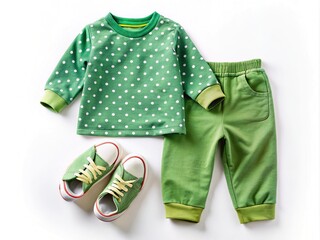 Casual green kids clothing wear playful young fashion modern style relaxed concept outdoors youthful mood adorable style