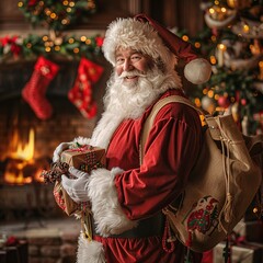 Wall Mural - This delightful scene features a smiling Santa Claus dressed in his traditional attire, surrounded by colorful presents and holiday decor, creating a cozy atmosphere filled with laughter and joy.