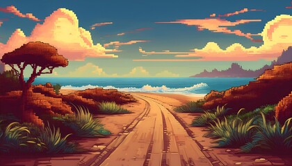 Pixelated Deserted Coastal Road - quiet, empty road lined with sparse pixel art bushes. Summer beach. Game design asset. Graphic art 8 bit illustration card