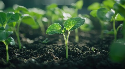 Sticker -   Close-up image of a small green plant in a dirt field with sun shining through its leaves