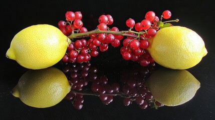   Two lemons and two grapefruits sit together on a dark surface, reflected in water