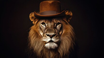 Poster -   A lion wearing a hat on its head with another hat on top of that hat