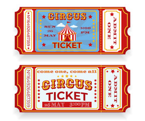 Two old tickets to the circus. Circus tent, stars and decorative text. Retro design with date, time and ticket number in classic style. For use at carnivals, circuses, event promotions.