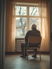 Aufkleber - An elderly man gazes out a window, seated in solitude, enveloped by the quietude of his nursing home room, contemplating his surroundings. Generative AI