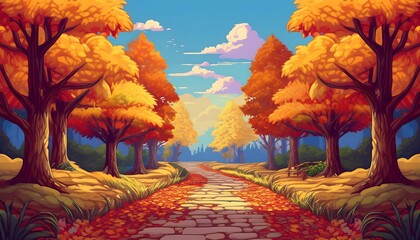 Wall Mural - Cozy Autumn Pathway - narrow forest pathway surrounded by trees with dense autumn forest. Game design asset. Graphic art illustration card