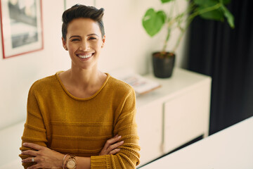 Wall Mural - Woman, portrait and worker arms crossed in office, copywriter confidence and happy for internship. Female person, employee pride and workplace for career opportunity, branding and marketing agency