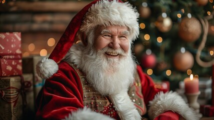 Wall Mural - This delightful scene features a smiling Santa Claus dressed in his traditional attire, surrounded by colorful presents and holiday decor, creating a cozy atmosphere filled with laughter and joy.