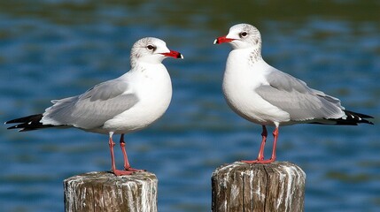 Poster -   Two seagulls perch atop a wooden post overlooking a serene body of water and a vivid blue sky