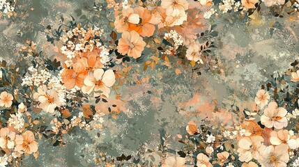 Wall Mural -   Orange and white flowers painted on a green and gray background, with leaves and flowers on the left side