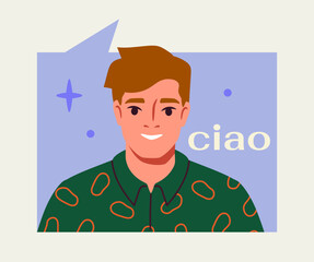 Poster - international communication concept. man with italian word ciao. video conference in social networks
