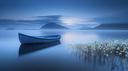 Poster -   A boat glides atop water beside dandelion fields under a cloudy canopy