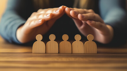 Woman's hands protecting wooden people icons on a table, for a business team or family protection