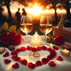 Romantic sunset dinner with wine and roses in the park.