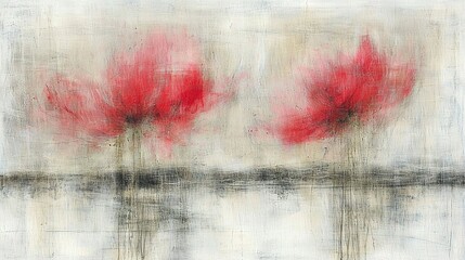 Poster -   Red flowers on white-gray canvas with black line at bottom