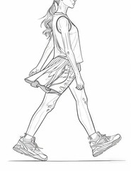 Wall Mural - A line drawing of a woman walking in a skirt and sneakers