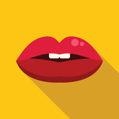 Poster - Cartoon drawing of red lips slightly open showing white teeth biting lower lip on yellow background