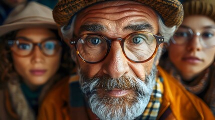 A man with glasses and a hat is looking at the camera