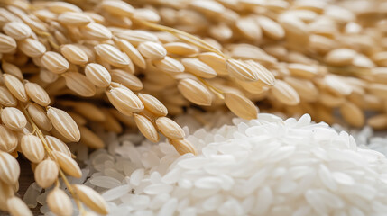 Close-up of ears of rice mixed with white rice. White rice and ears of rice